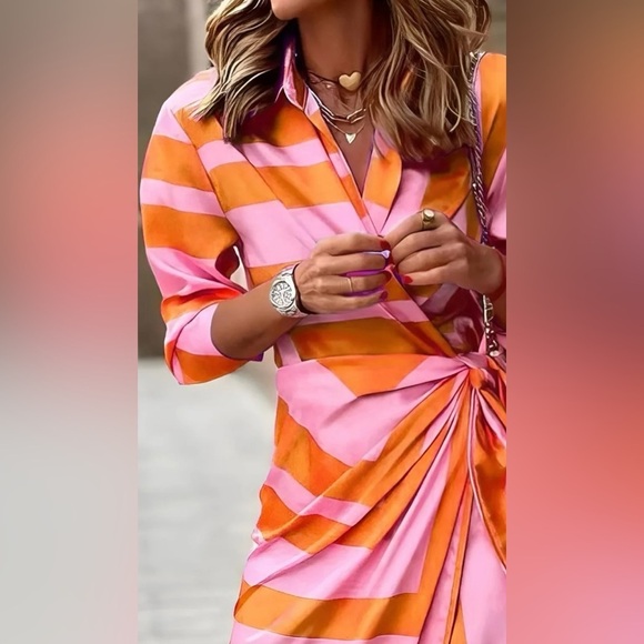 OLIVIA Women’s PRINTED Wrap SHIRT DRESS Lavender Fuchsia Medium NWOT - Picture 4 of 15